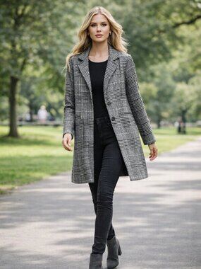 Tweed Wool Blend Black White Lined One Button Preppy Western Gothic Coat Women S